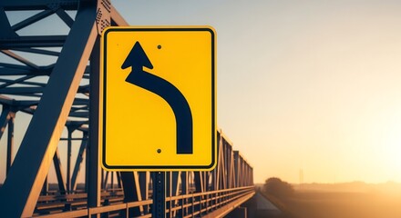 Bridge Navigation Sign: A Directional Marker on a Yellow Sign with Sunrise