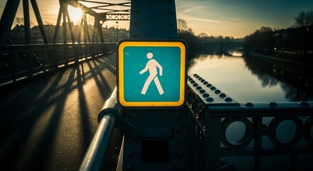 Bridge Pathway Sign Against Scenic Sundown, Enhancing Urban Crossing Imagery