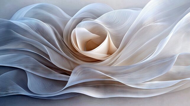 A close-up abstract view of delicate, layered fabric with flowing lines and soft pastel colors, evoking a sense of organic movement and ethereal beauty.