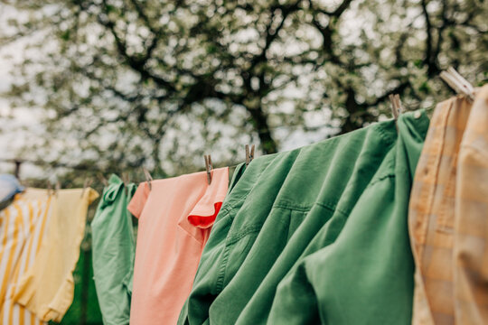 Clothes drying on a clothesline outdoors in springtime