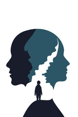 A surreal illustration of multiple overlapping human profiles with a small child silhouette, symbolizing inner child healing, memory layers, and deep psychological reflection.
