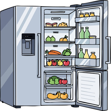 Pixel Art Style Open Refrigerator Filled With Assorted Food Items And Drinks On Shelves