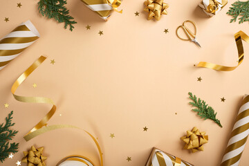 Frame of items for gift wrapping. Striped paper, golden ribbons, cedar spruces, stars on beige background. Space for text, congratulations, wishes.