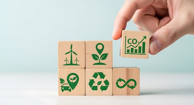 Hand placing wooden block with co2 emission graph icon, symbolizing sustainable development and environmental responsibility concept