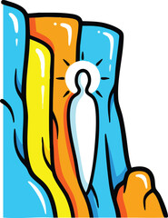 Abstract Glowing Figure Amidst Vibrant Vertical Layers Of Blue Orange Yellow And White In Cartoon Style