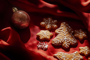 Delicious gingerbread cookies decorated with white icing snowflakes and a glittery ornament resting on luxurious red silk fabric.