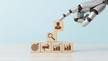 Robot hand placing wooden block with human icon on top of other blocks with marketing and business icons on a light blue background