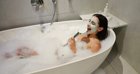 A relaxing bubble bath experience in a modern bathroom