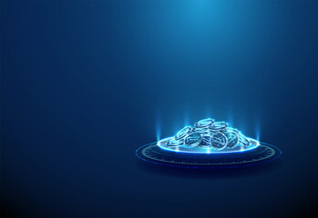 Pile of coins on futuristic podium. Capital accumulation, financial growth, investments, fintech innovation concept.