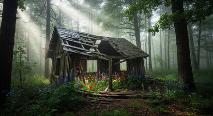 Rays of Sun Light a Derelict Wooden Cabin in a Misty Forest Clearing with a Floor Covered in Wildflowers