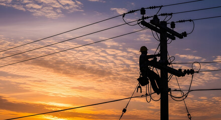 Electrical worker climbing utility pole at sunset