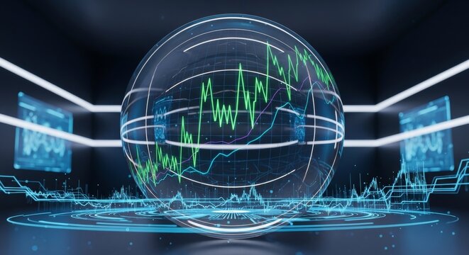 A digital hologram of a graph showing fluctuating data inside a transparent sphere.