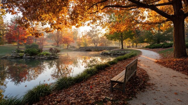 Serene autumn landscape featuring amber trees, a curved path, and a calm lake