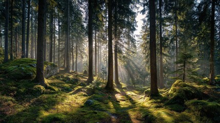 Obraz premium Serene dawn forest view with radiant light across mossy ground