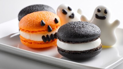 Brightly colored macarons in orange and black showcase Halloween themes with playful pumpkin faces and ghostly figures. Perfect for festive gatherings and sweet treats