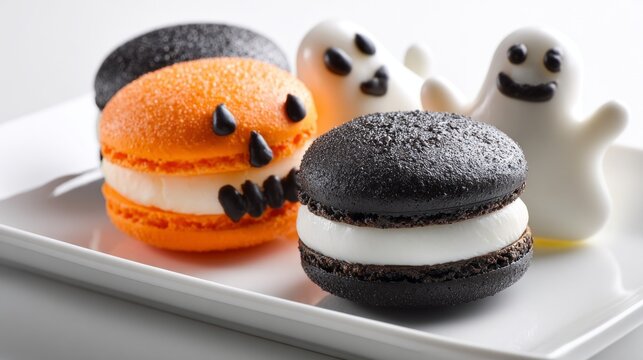 Brightly colored macarons in orange and black showcase Halloween themes with playful pumpkin faces and ghostly figures. Perfect for festive gatherings and sweet treats