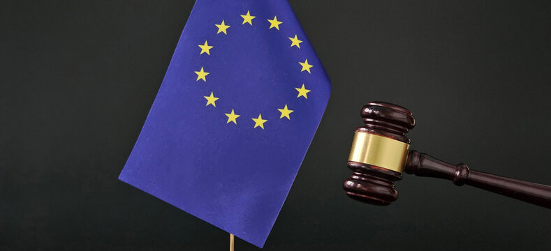 Gavel of judge with books against European Union flag