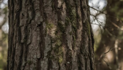Fototapeta premium Close-up shot of a tree trunk with textured bark, some moss, and blurred background