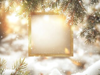 Golden gradient square frame on snowy pine branches background template with blank space for festive cards, social media posts, and banner designs.