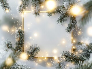 Gold-edged square frame with snowy pine branches and sparkling Christmas lights background template for festive cards, social media posts, and promotional designs.