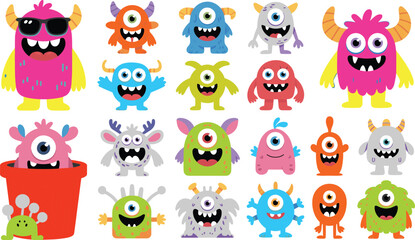 Cute colorful cartoon monster characters collection, fun playful cyclops creatures set, adorable kids illustration pack perfect for stickers, posters, decorations, and creative design projects