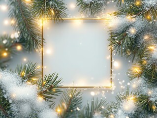 Festive square gold-edged frame with snow, frost-covered branches, and sparkling lights on a light-toned background with blurred pine leaves. High-resolution realistic composition for Christmas 