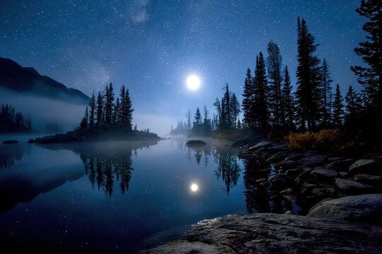Silver moonlight on still waters by a quiet forest shoreline - Powered by Adobe