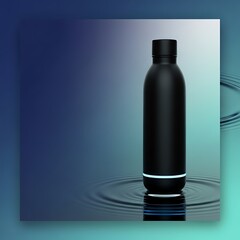 Sleek black reusable water bottle with white accent on reflective water surface