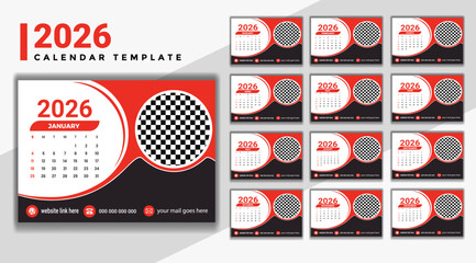 Modern red and black 2026 desk wall calendar template, complete 12 months planner for corporate use Vector