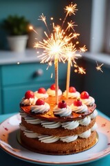 A delicious birthday cake with bright, sparkling sparklers ablaze , whipped cream, feast, flame