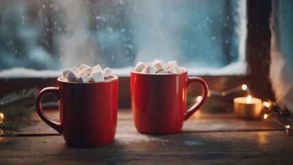 Cozy winter scene with hot chocolate drink with marshmallows - Powered by Adobe
