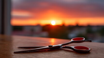 Professional scissors with red handles rest on a wooden surface during a vibrant sunset