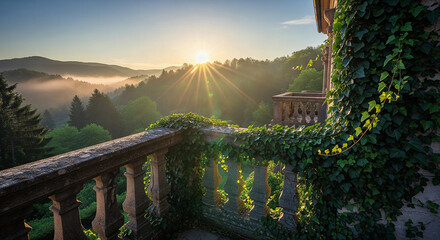 Ivy-Covered Stone Balcony at Sunrise with Sunburst Over a Misty, Hilly Forest Landscape