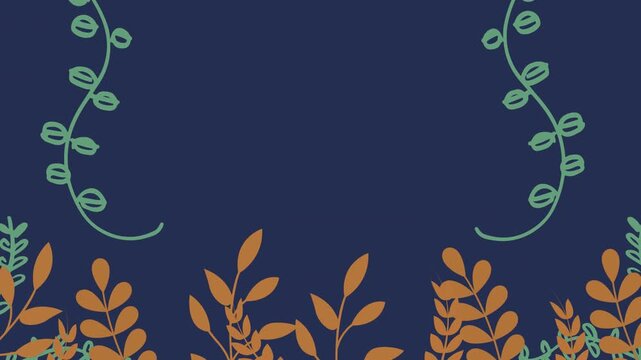 A stylized illustration featuring a central tree surrounded by decorative leaves and vines on a navy blue background. Flat graphic animated cartoon