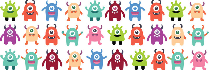 Cute colorful cartoon monster seamless pattern, playful one-eyed creature characters, fun kids background design perfect for textiles, wrapping paper, wallpapers, and creative projects