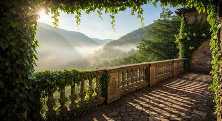 Ivy-Framed Stone Balustrade View of a Foggy Valley Below with Bright Sun Rays and Deep Shadows