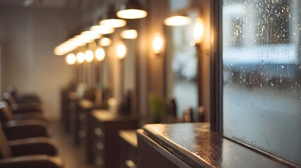 A cozy hair salon interior with warm pendant lights and raindrops on the windowpane
