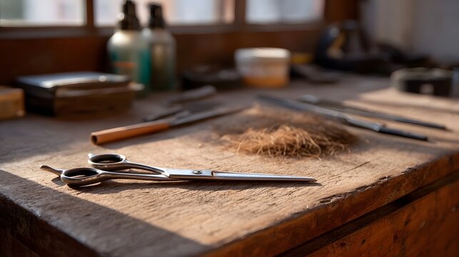 Barber s scissors and hair clippings on a rustic wooden table bathed in sunlight