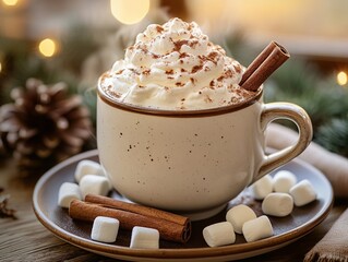 Cup of hot chocolate with whipped cream and cinnamon sticks on table before window with Christmas decorations, advertising food photography with bokeh background and cozy atmosphere