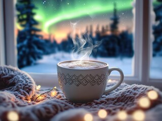 Steaming hot cocoa with frothy top in elegant white mug against snow-covered landscape and northern lights viewed through window with stars