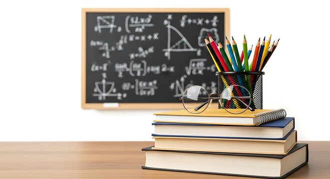 Books and school supplies on desk