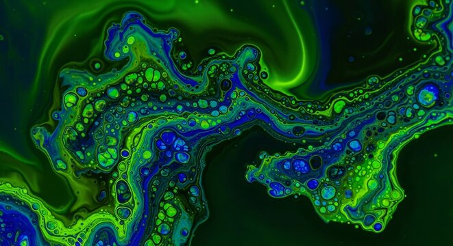 Abstract fluid art with vibrant green and blue colors dynamic patterns