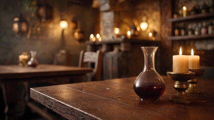 A cozy dimly lit tavern interior with a carafe of dark liquid and lit candles on a wooden table