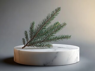 Minimalist gray product photography background featuring white marble pedestal and pine branch highlight, high resolution for commercial design and digital projects.