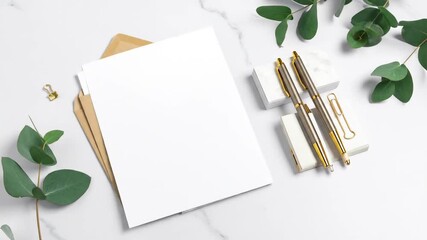Flat lay of stationery white paper and envelopes, pens, clip, eucalyptus leaves on marble surface - Powered by Adobe