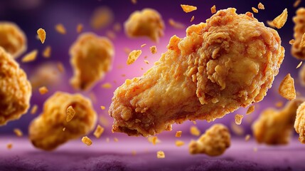 A movie photo of delicious chicken wings falling from the sky, with a purple background and attractive advertising