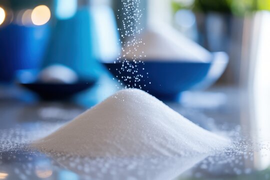Close up of sugar granules falling on white mound on reflective surface