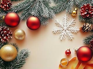 Christmas themed product shot with gold ring, red ornaments on tree branches, snowflake and ribbon accent against beige background, high resolution for festive designs.