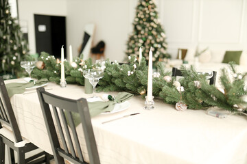 Naklejka premium Christmas white interior. Living room in loft.