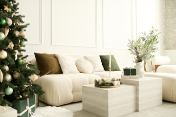 Naklejka premium Christmas white interior. Living room in loft.